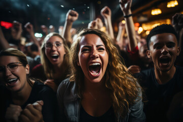 Group of Football Fans Watching a Live Match Broadcast in a Sports Pub on TV. People Cheering, Supporting Their Team