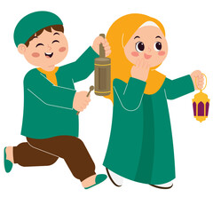 Wall Mural - Cute Kids Happy Celebrating Eid Mubarak Illustration