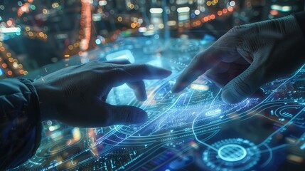 Future Technology Smart City Control Hands using smartphone to manage holographic infrastructure for traffic and services