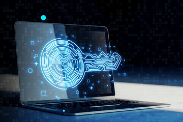 Wall Mural - Close up of laptop with creative fingerprint key on blue background. Concept of cyber security or private key in cryptocurrency technology. 3D Rendering.