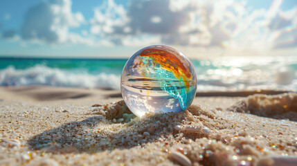Wall Mural - Beautiful wallpaper, a colorful glass sphere in sand on the beach, desktop wallpaper, background, website homepage banner