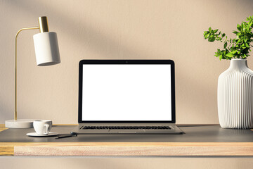 Poster - Elegant laptop on wooden desk with modern lamp and plant, serene workspace concept. 3D Rendering