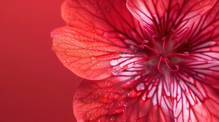 Wall Mural - A close-up of a geranium, with its vibrant colors and intricate patterns, against a solid red background.