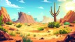 A cartoon illustration of drought sandy scenery with wild cacti and grass in the Arizona desert. Cartoon modern illustration of brown rock, sand dune hills, green cactus, and dry tree in the bright