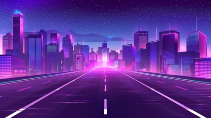 Canvas Print - A road with neon lights leads to a city with multi-storey buildings at night. Modern landscape with asphalt highway leading into the town. Purple cityscape with skyscrapers and streetlights.