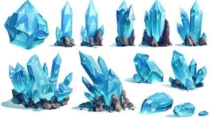 Poster - UI design of clusters of blue gem stones for game level rank. Cartoon RPG assets of growing pile of diamond raw material rocks. Modern illustration of mining treasure and jewels.