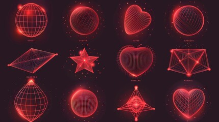 Poster - wireframe red shapes isolated on a blue background. modern illustration of 3d grid geometric icons, 