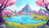 Fototapeta Sport - The image illustrates a natural spring landscape with a lake surrounded by blossoming cherry trees and mountains. The modern image is a cartoon forest with woods, daisies, and blue water in a pond.