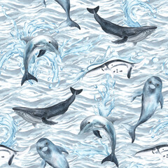 Wall Mural - Dolphins and Whales watercolor, nature background, seamless pattern. Hand drawn illustration. For fabric, textile, wallpapers, design.