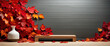 Autumn leaves background. Autumn background with wooden planks. Autumn podium.
