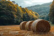 Hay Bales In The Field And Forest In The Background