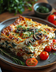 Wall Mural - Italian cuisine: lasagna with mushrooms spinach tomatoes and cheese on plate