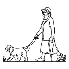 continuous single black linear line sketch drawing old woman walking with puppy dog doodle vector illustration on white