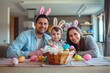 © Helios4Eos - Family celebrating Easter together, all wearing festive bunny ears at home.
