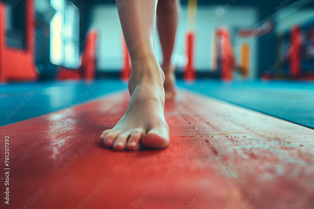 Close up of a female gymnast on a balance beam in a gymnasium, focused