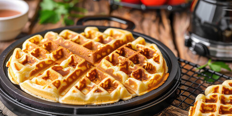 Freshly Baked Belgian Waffles close-up. Golden Belgian waffles sizzle in electric waffle maker iron, delicious breakfast.