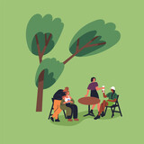 Fototapeta Miasto - Tiny characters relaxing in park, sitting at table outdoors. Young people, men and women friends talking, drinking, spending time in nature on summer holiday, vacation. Flat vector illustration