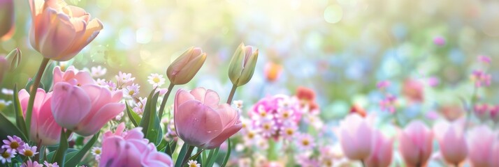  Colorful spring flowers in the garden. Beautiful nature background