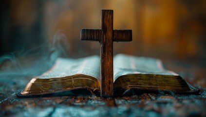 Sticker - Open Bible with Wooden Cross on Dark Background