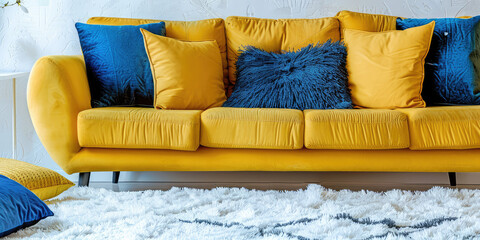 Vibrant Yellow Sofa with Blue Pillows. Close-up of soft yellow couch, decorative pillows, white fluffy rug, modern interior living room design.