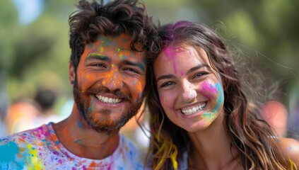 Happy young couple covered in colorful powder paint at a Holi festival