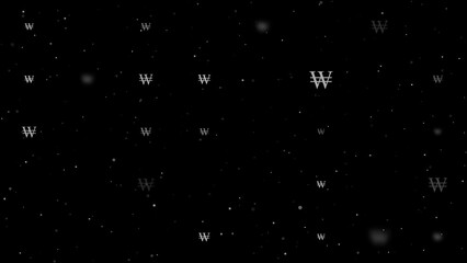 Poster - Template animation of evenly spaced Korean won signs of different sizes and opacity. Animation of transparency and size. Seamless looped 4k animation on black background with stars