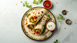 Flavorful Indian Veg Chapati Wrap with Dips, Top View, Light Sky Concrete Background