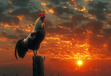 Rooster Crowing At Dawn On Pole