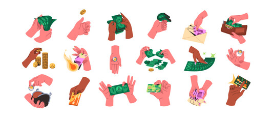 Hands hold cash money set. Golden coins, dollar and euro banknotes, plastic credit cards. People count, spend, save up in financial savings. Flat isolated vector illustration on white background