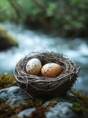 Two eggs in nest on rock in river