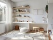 A child-friendly home office integrated with a minimalist play area featuring a wooden toy. Natural wood accents, geometric shapes, calming neutral tones.
