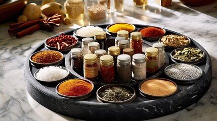 Wall Mural - Spices. Photo of fresh herbs. Assortment of fresh and dried seasonings and herbs on a marble background.