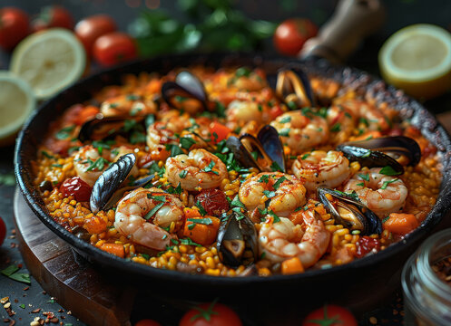 Traditional seafood paella in the fry pan on wooden old table