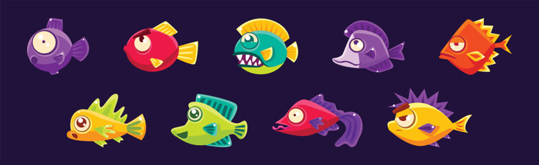 Wall Mural - Funny Fish in Underwater World as Marine Life Vector Set