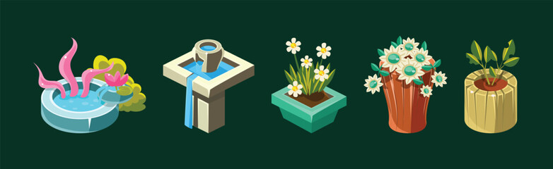 Poster - Video Game Garden Decoration Collection Of Elements Vector Set