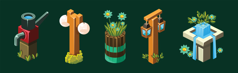 Poster - Video Game Garden Decoration Collection Of Elements Vector Set
