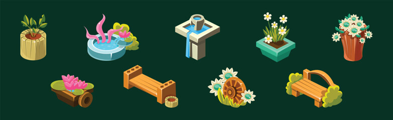 Poster - Video Game Garden Decoration Collection Of Elements Vector Set