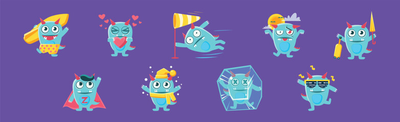 Sticker - Funny Monster Character Engaged in Different Activity Vector Set