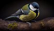 Parus major, Great tit perched on a tree branch, natural environment, blurred background. Generative AI