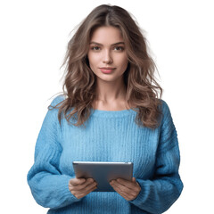 Wall Mural - young woman wearing blue sweater using tablet computer isolated on transparent background