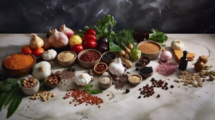 Wall Mural - Spices. Photo of fresh herbs. Assortment of fresh and dried seasonings and herbs on a marble background.