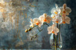 Vintage rustic wall behind orchids in glass vase