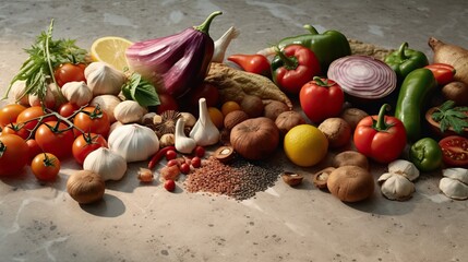 Wall Mural - Spices. Photo of fresh herbs. Assortment of fresh and dried seasonings and herbs on a marble background.