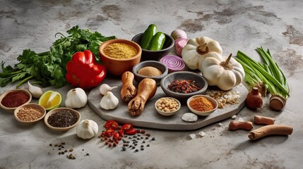 Wall Mural - Spices. Photo of fresh herbs. Assortment of fresh and dried seasonings and herbs on a marble background.