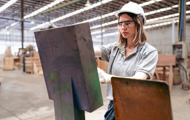 Confident female worker standing in lumber warehouse of hardwood furniture factory inspecting production machine. Serious technician woman, engineer busy working with tool in woodwork manufacturing.