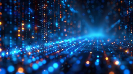 Fototapete - Defocus of digital cyberspace and digital matrix with particles and lighting. An abstract background of digital data network connections and digital analysis processes.