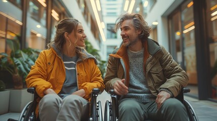 Poster - In the office corridor, a male and female colleague in wheelchair are speaking about disability, creative work, social inclusion, and casual dress in the workplace.