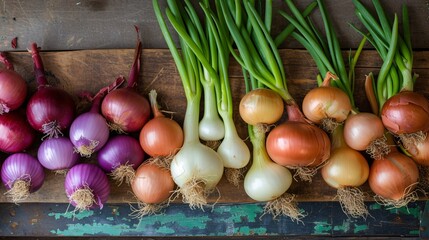 Assorted onion bulbs displayed on a wooden plank.