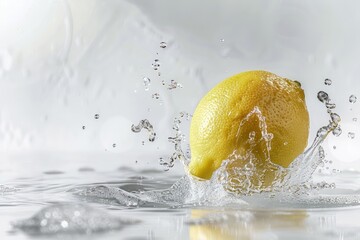 Wall Mural - Lemon falling into water with splash, isolated on white background.