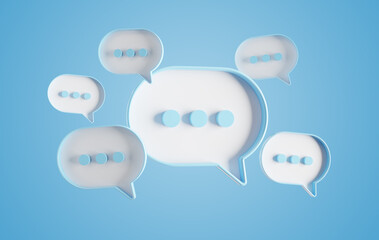 Wall Mural - Minimalist blue and white speech bubbles talk icons floating over background. Modern conversation or social media messages with shadow. 3D rendering